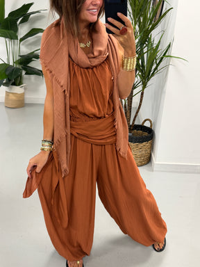 Wrap Crinkle Balloon Jumpsuit - Rust