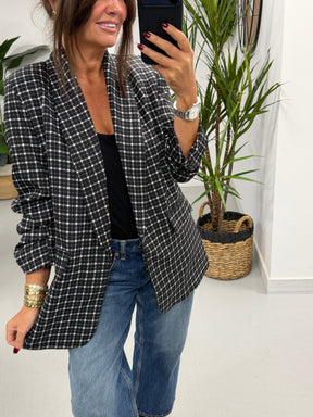 Ruched Sleeve Plaid Blazer - Black/White   (Std sizes)