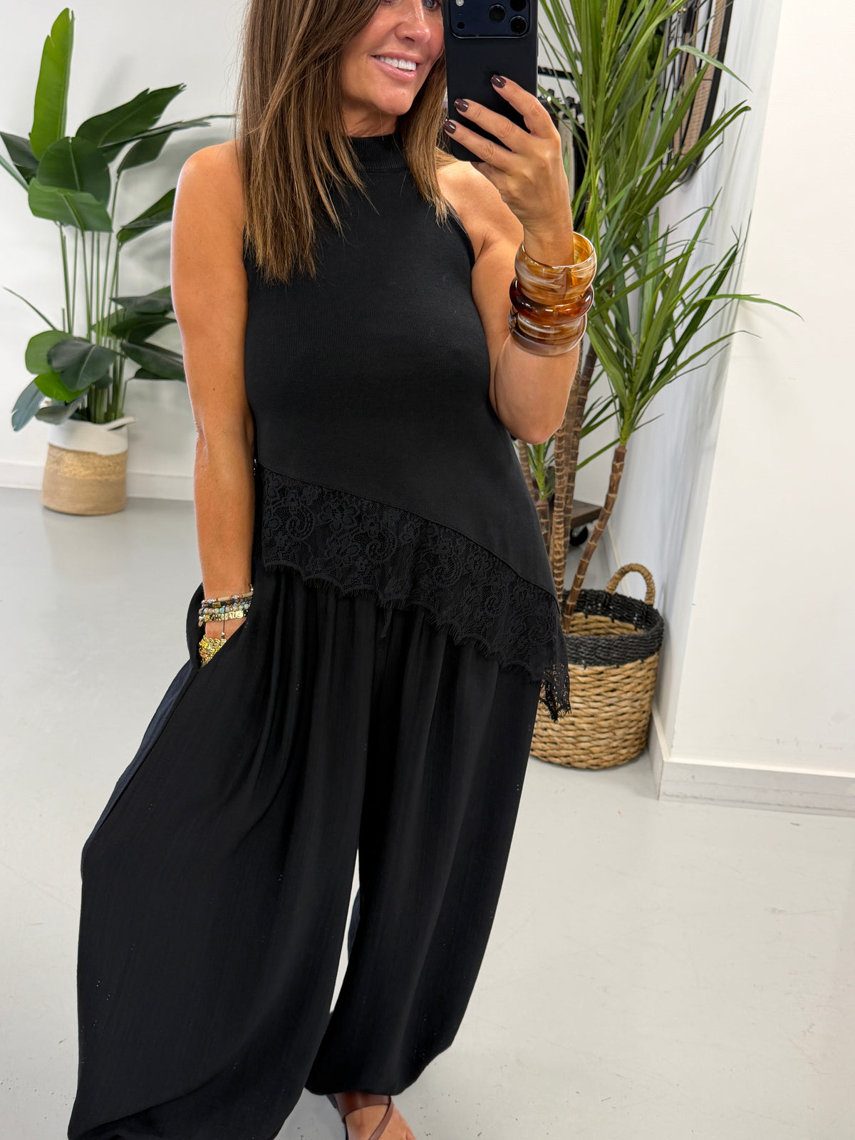 Knitted Asymmetric Lace Top  - Black