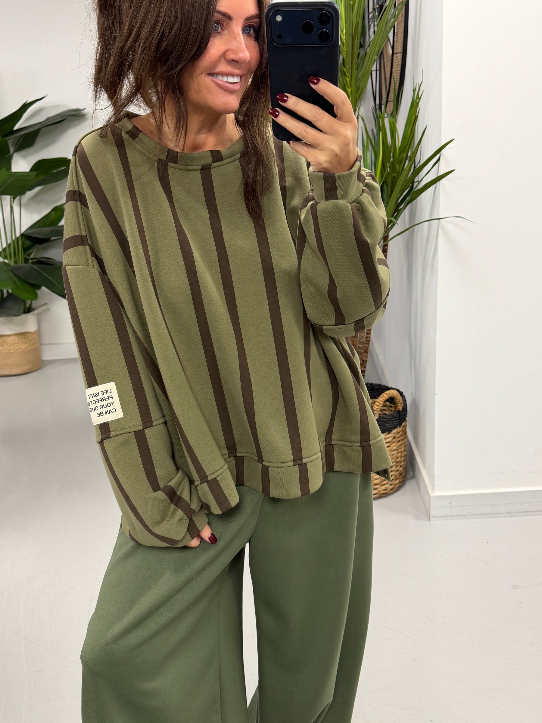 Sunset Stripe  “Life Isn’t Perfect” Sweater - Khaki/Chocolate