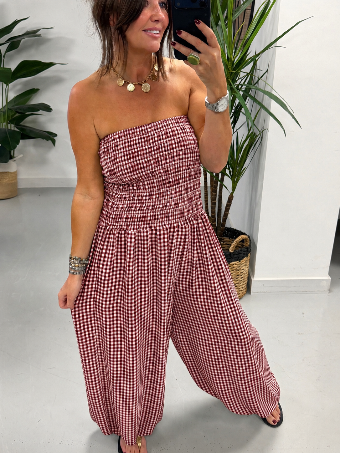 The Gingham Balloon Leg Jumpsuit - Plum