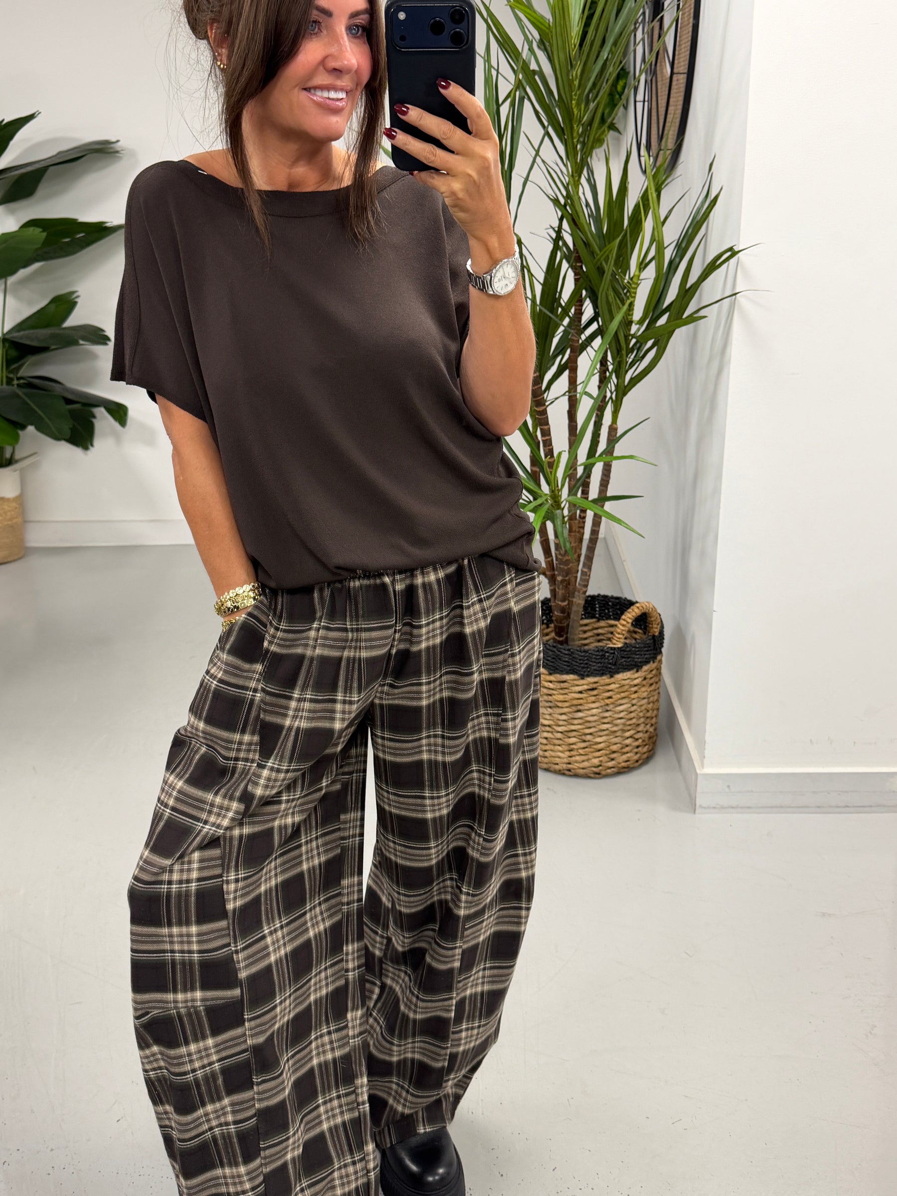 The Clyde Plaid Barrel Trousers - Chocolate  (Size 12-16)