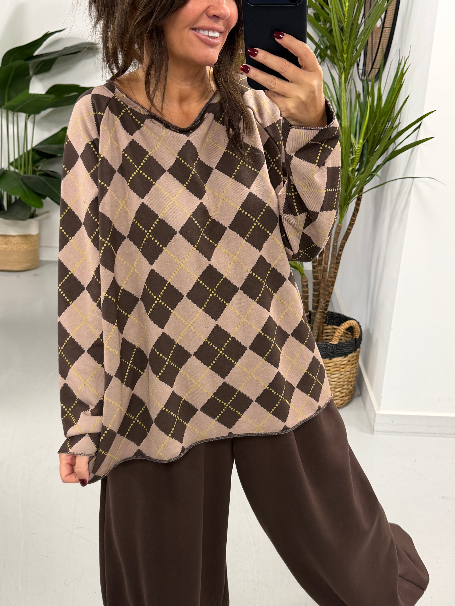 Argyle Boxy Sweat- Mocha/Chocolate   (Size 12-16)