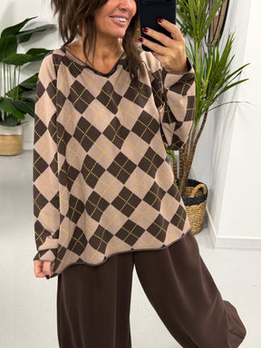Argyle Boxy Sweat- Mocha/Chocolate   (Size 12-16)