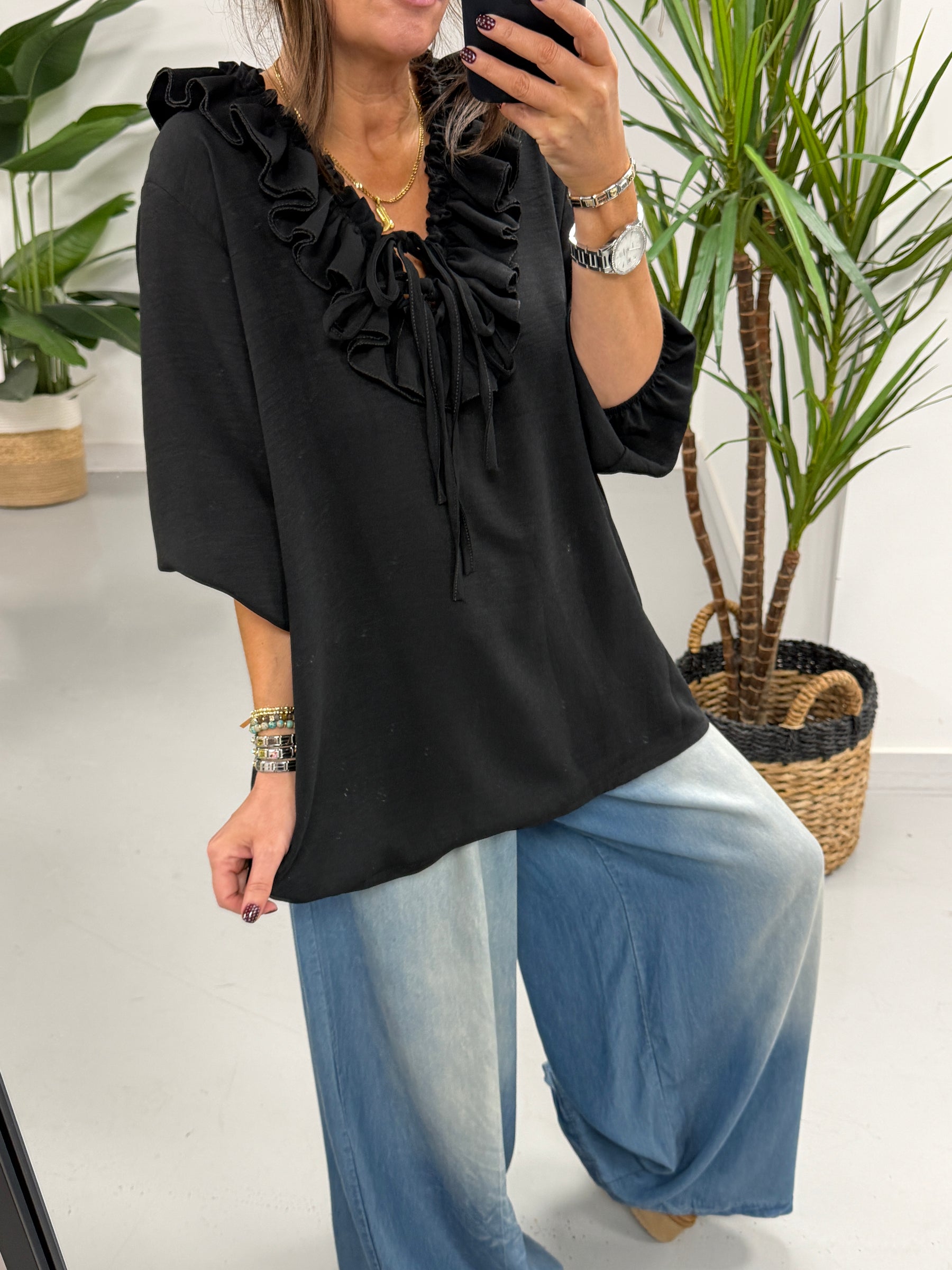 Luna Double Ruffle Blouse - Black