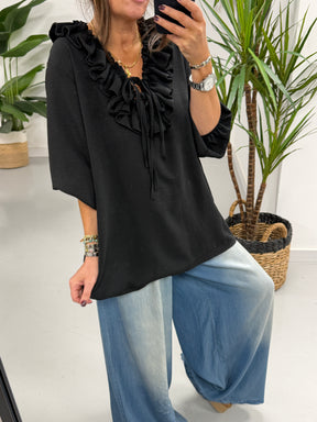 Luna Double Ruffle Blouse - Black