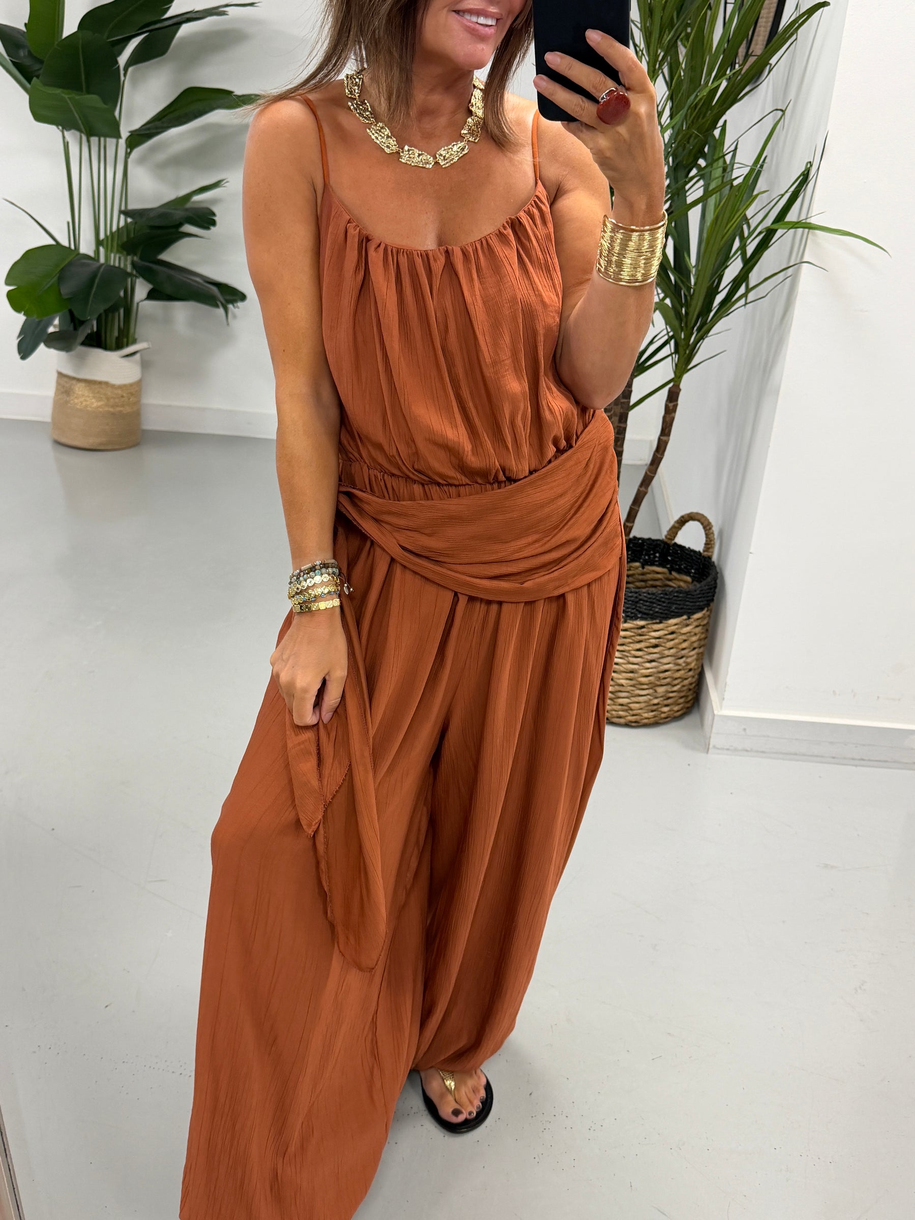 Wrap Crinkle Balloon Jumpsuit - Rust