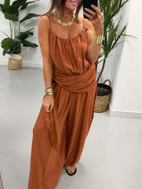 Wrap Crinkle Balloon Jumpsuit - Rust