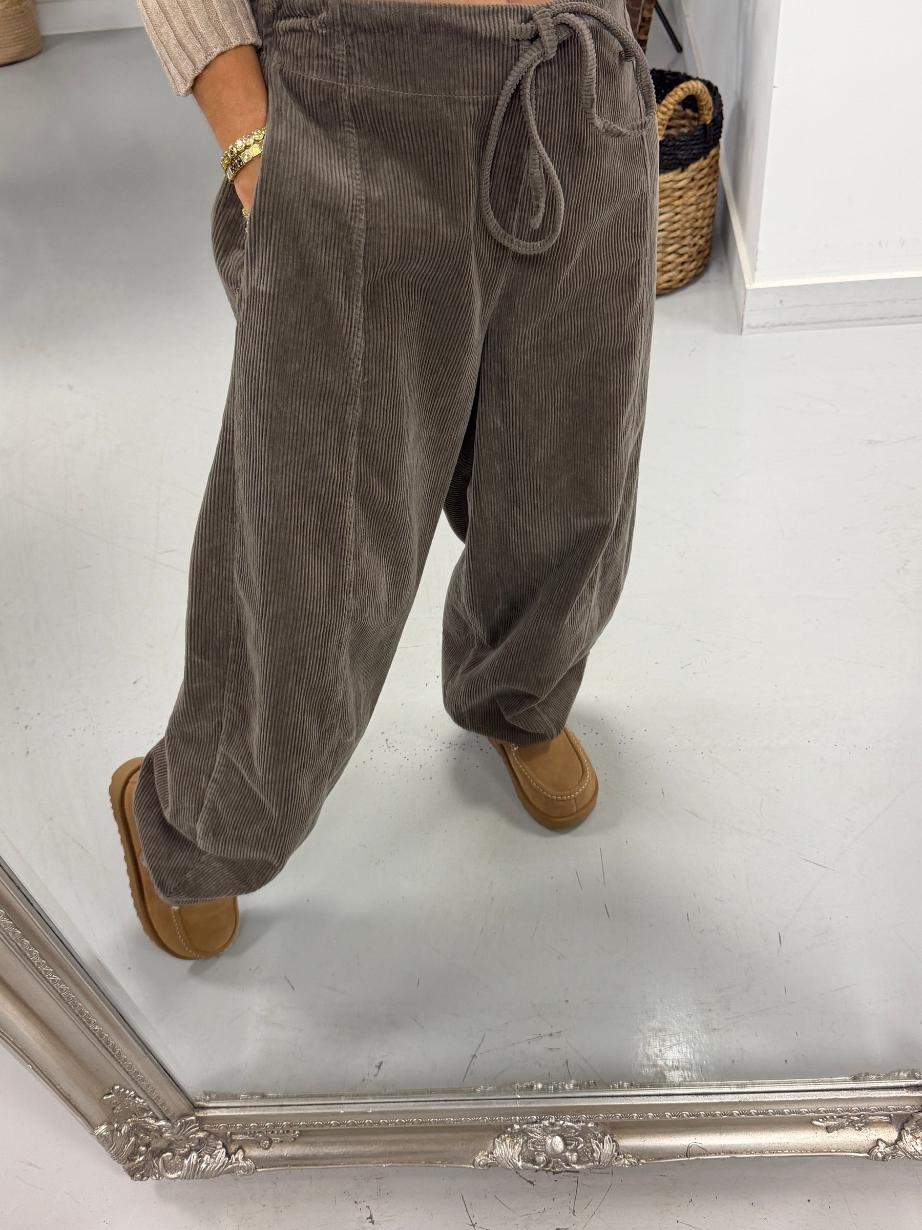 Cord Drawstring Barrel Trousers - Taupe (Size 10-14)