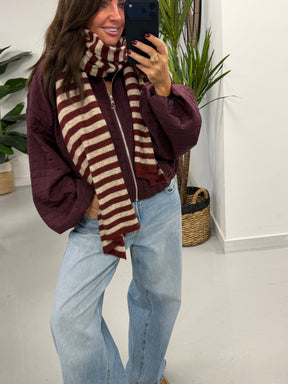 Wool Mix Stripe Scarf - Wine Cream