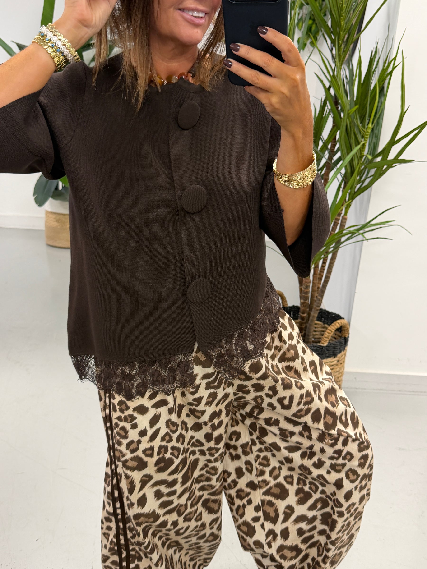 Chunky Button Lace Cardigan - Chocolate