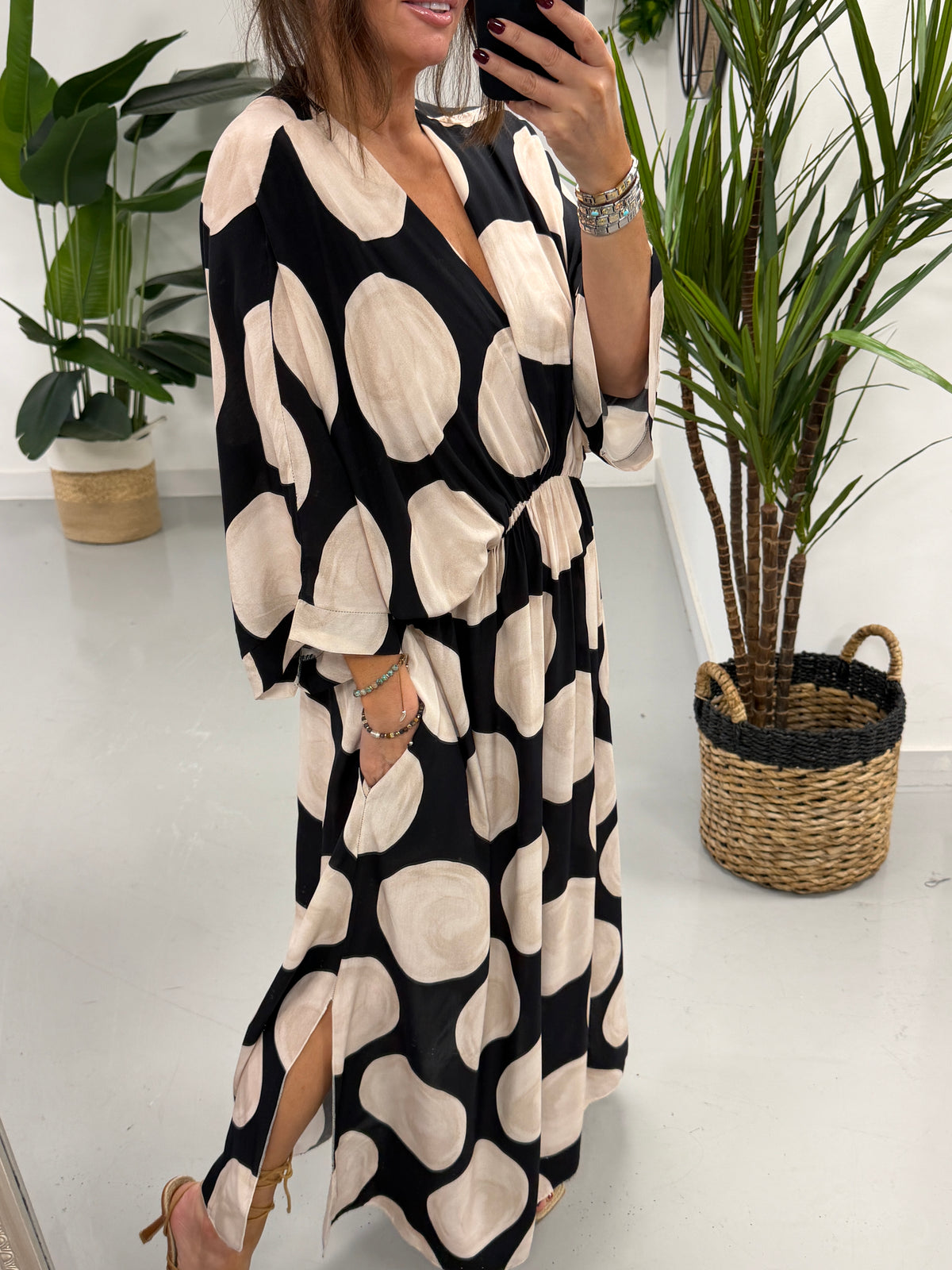 Polka Cross Over Dress - Black/Cream