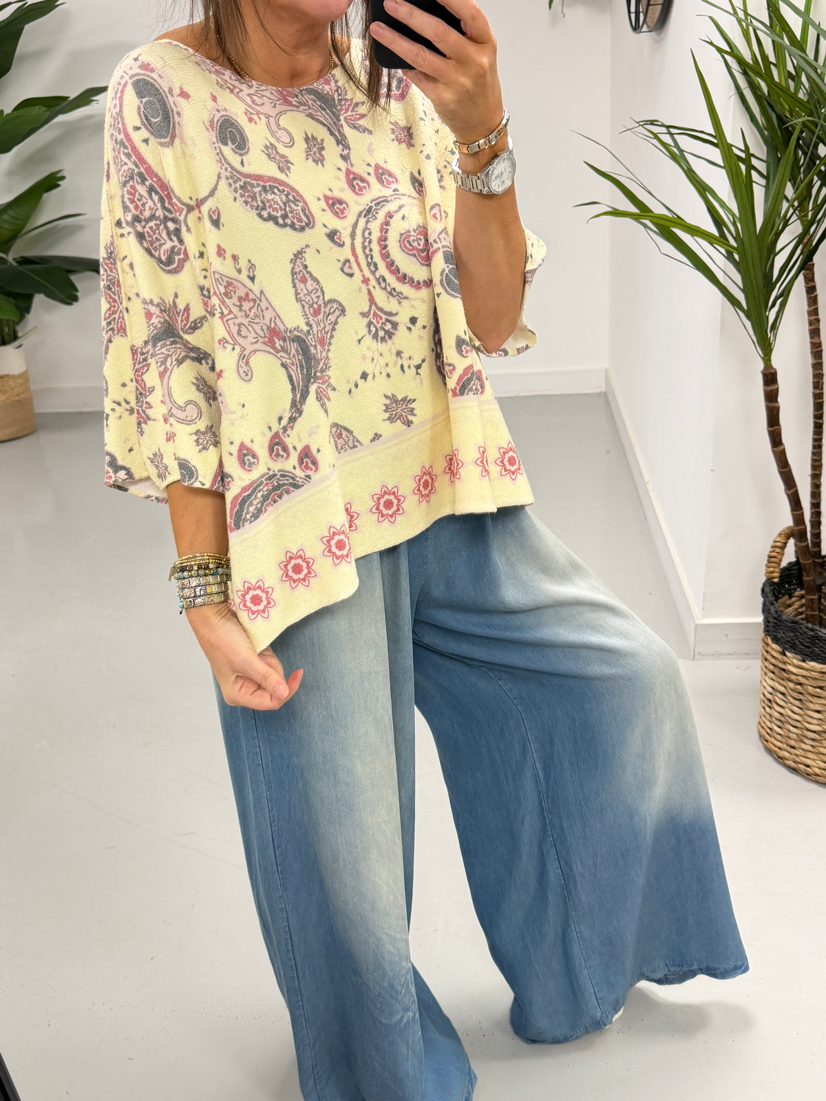 Gracie Crop Sleeve Knit - Lemon Paisley