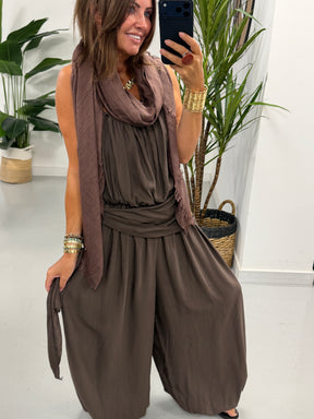 Wrap Crinkle Balloon Jumpsuit - Chocolate