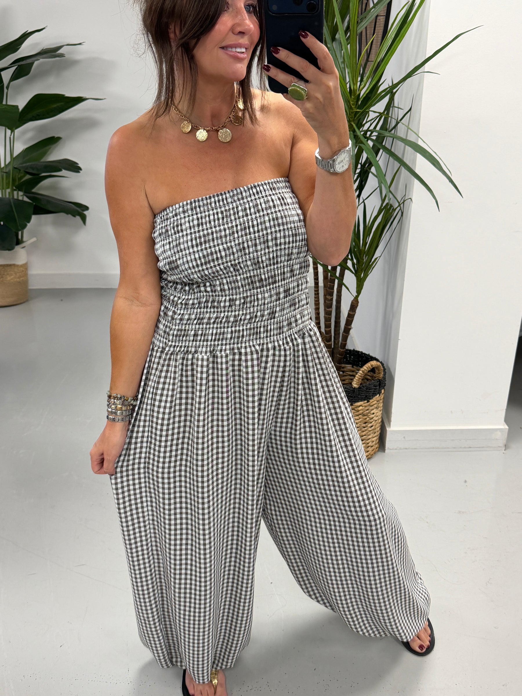 PRE Order The Gingham Balloon Leg Jumpsuit- Chocolate