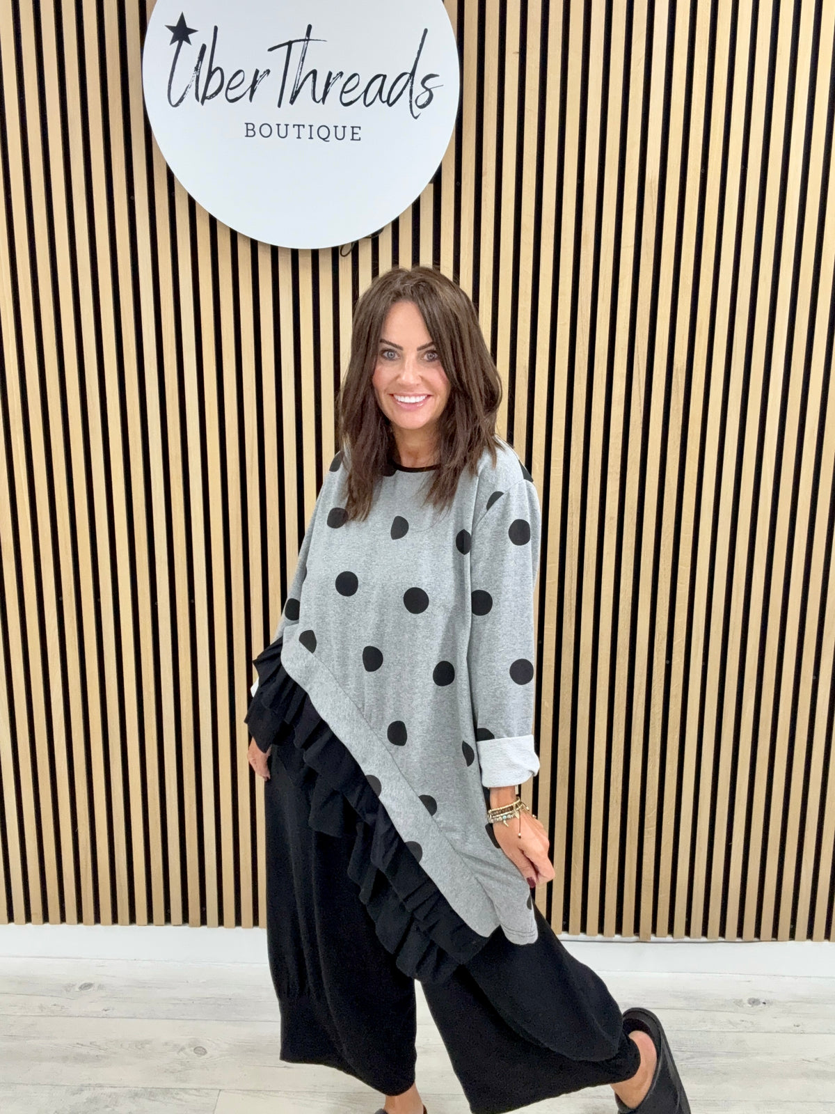 I.D Clothing Polka Dot Frill Tunic - Grey