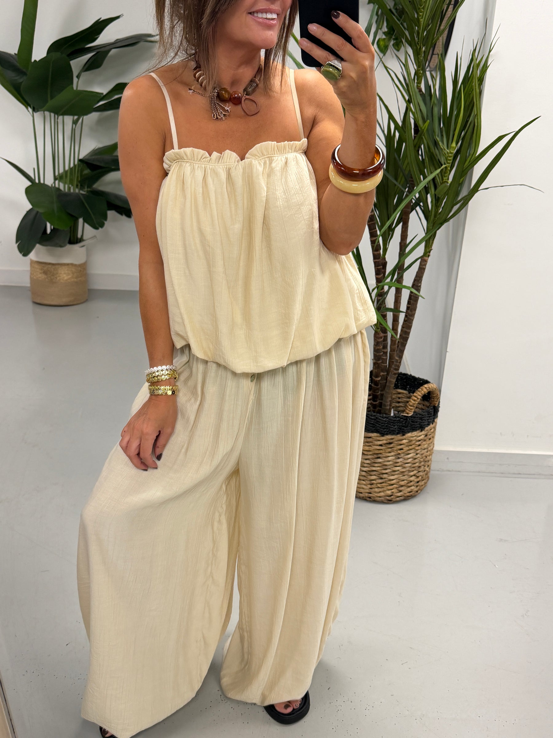 Button Crinkle Balloon Co Ord - Cream
