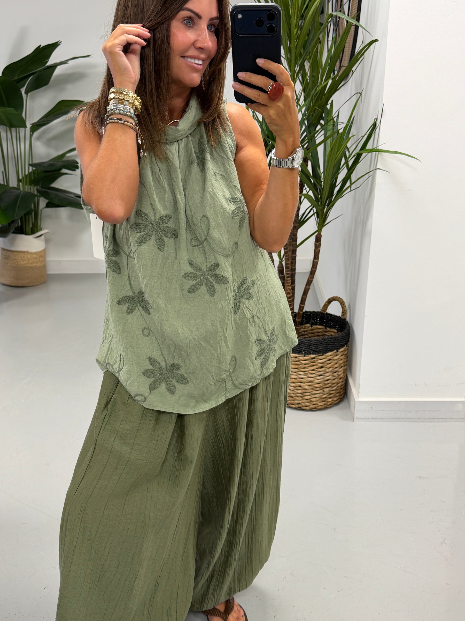 Reverse Collar Embroidered Tunic - Khaki
