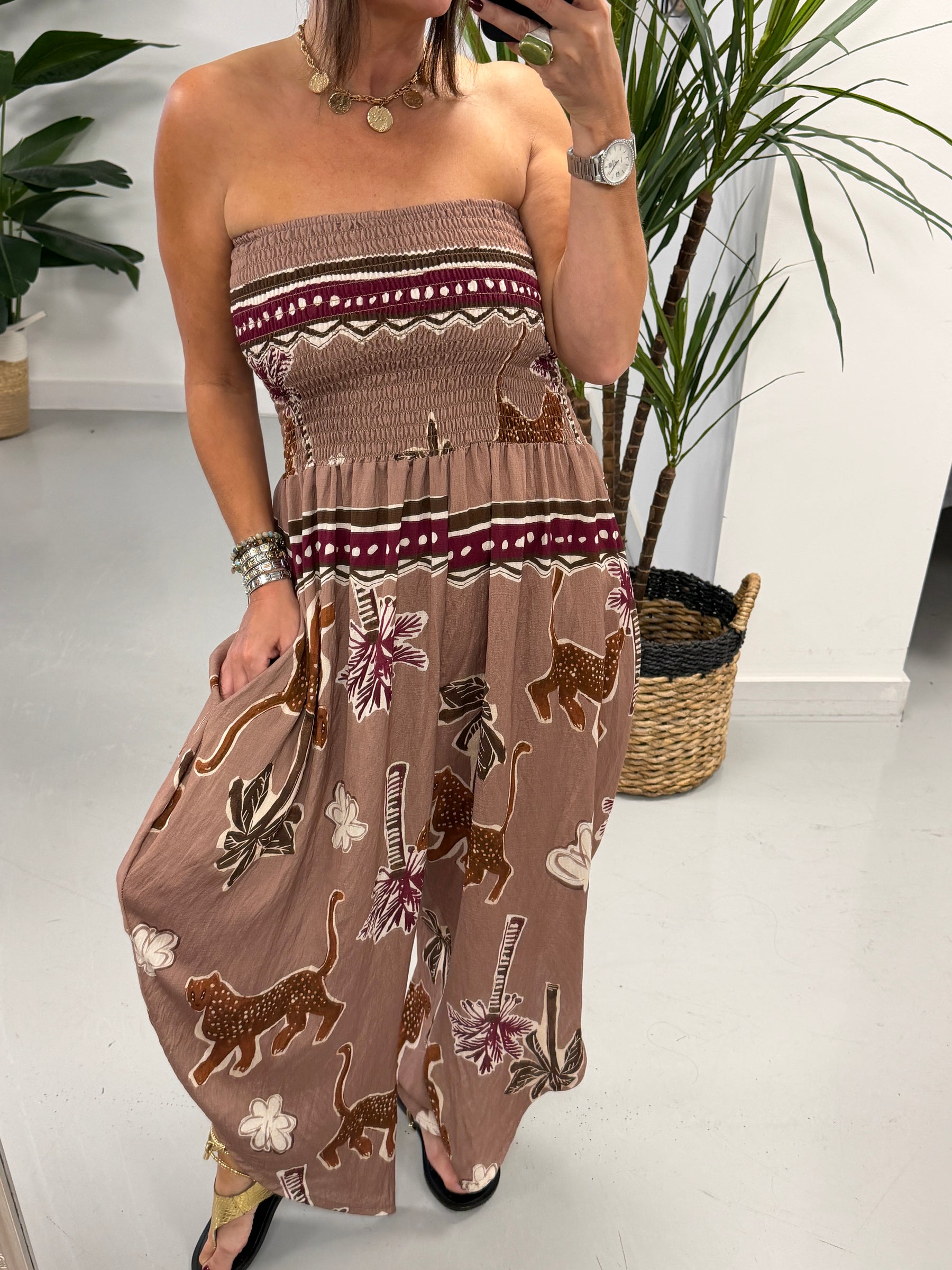 Funky Animal Bandeau Jumpsuit  - Taupe
