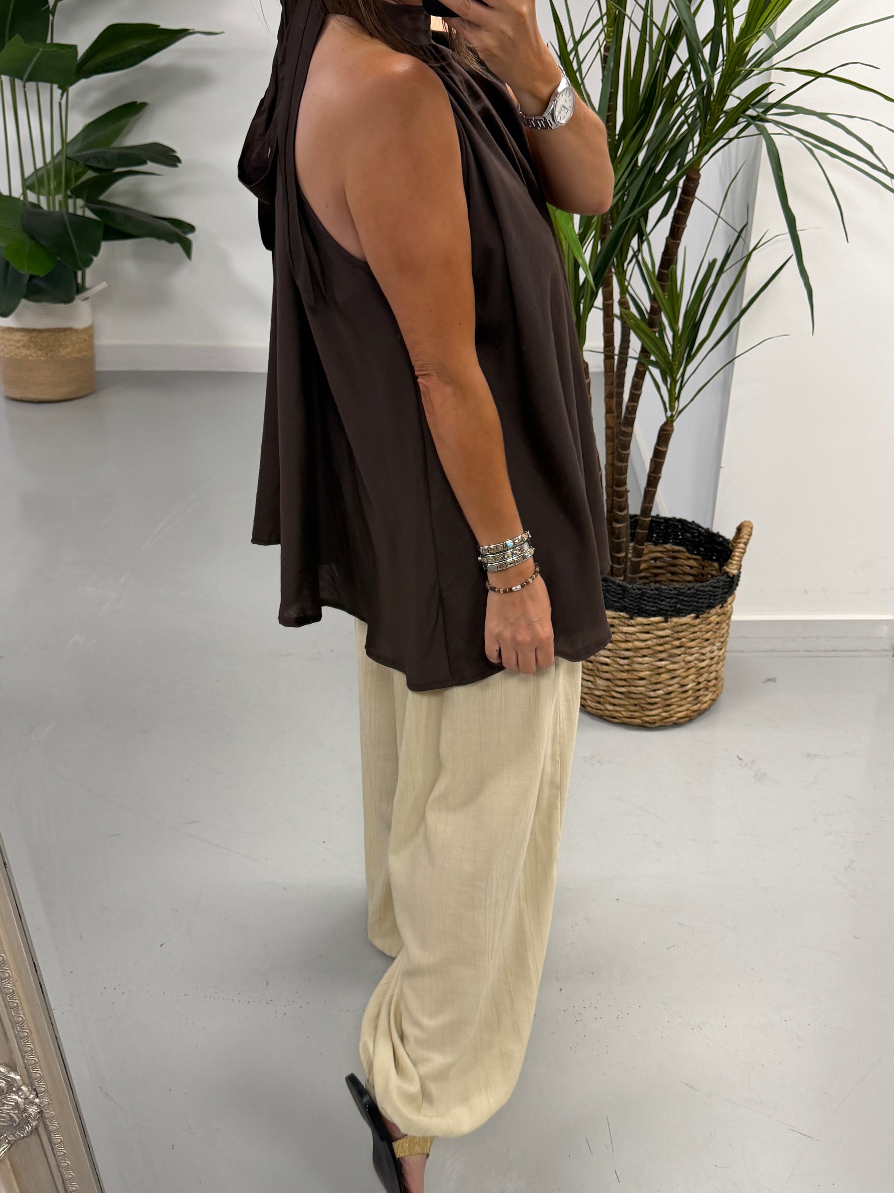 Crinkle Floaty Halter-neck Tunic - Chocolate