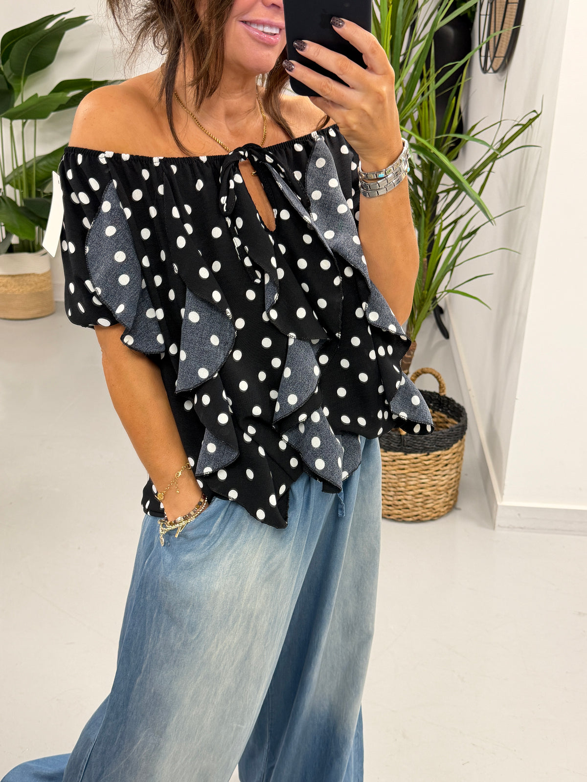 Spot of Summer Waterfall Blouse - Black/White