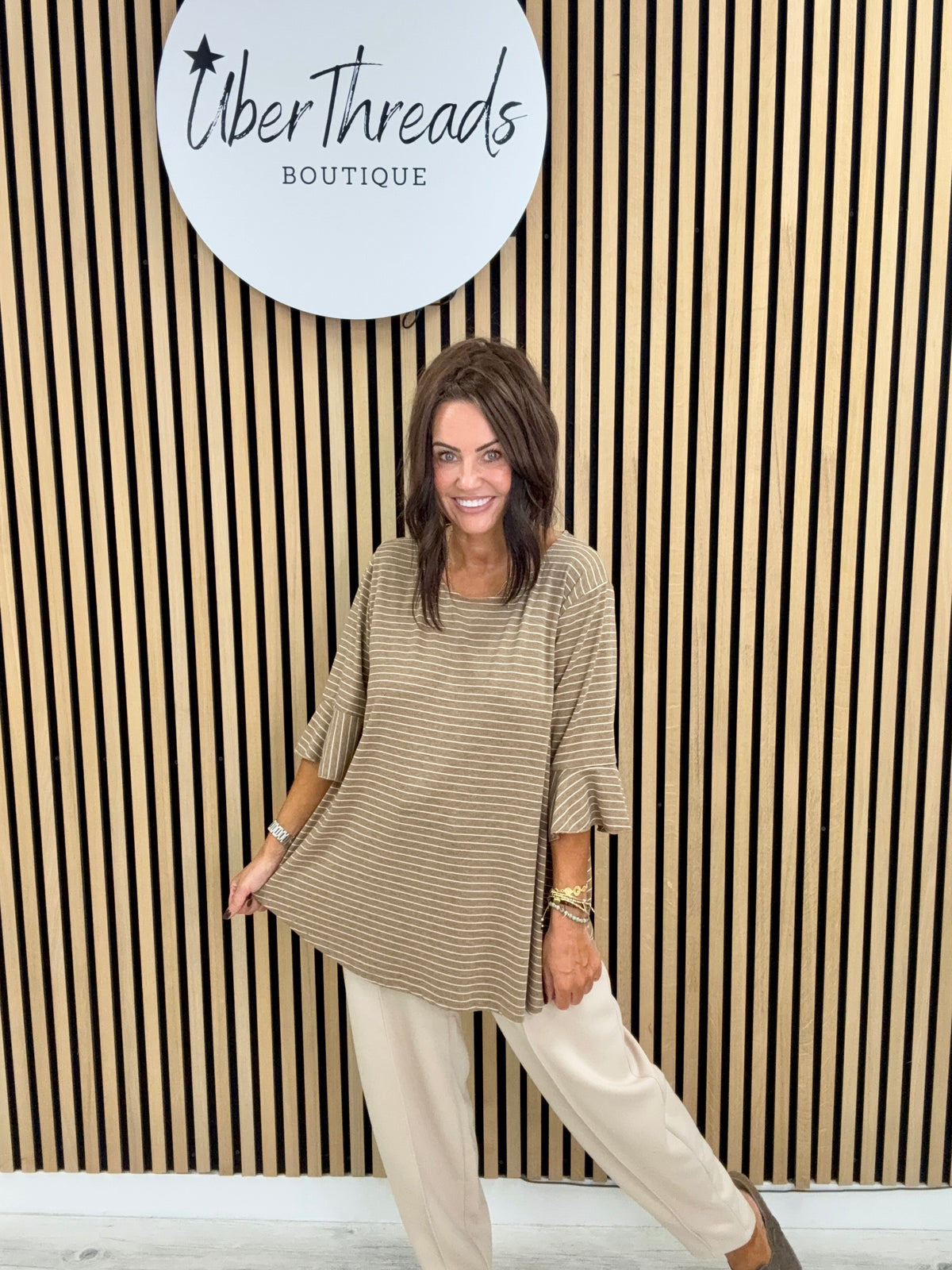 The Bell Sleeve Stripe Soft Knit - Camel