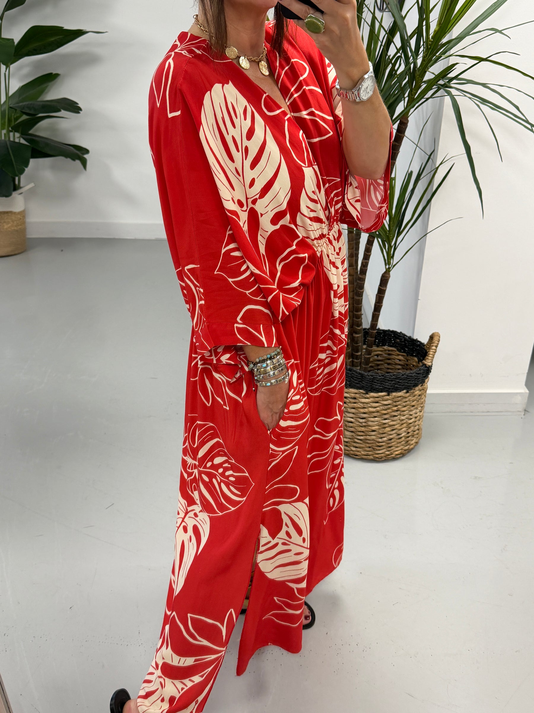 Leaf Cross Over Dress - Red