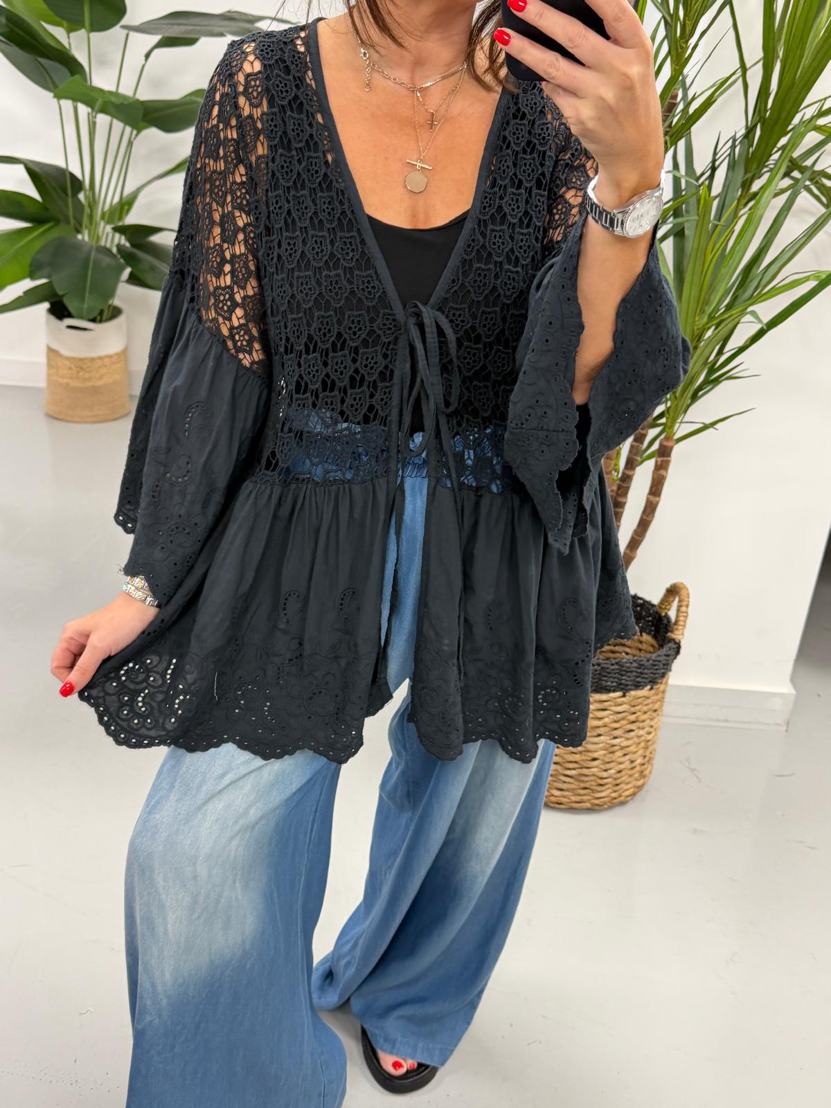 Sorrento Crochet/Broderie Tie Front  - Black