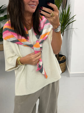 Wool Mix Neckerchief Stripe Scarf - Pink