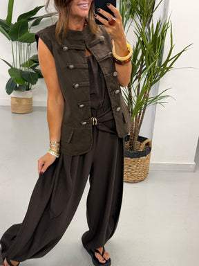 Denim Military Waistcoat - Chocolate