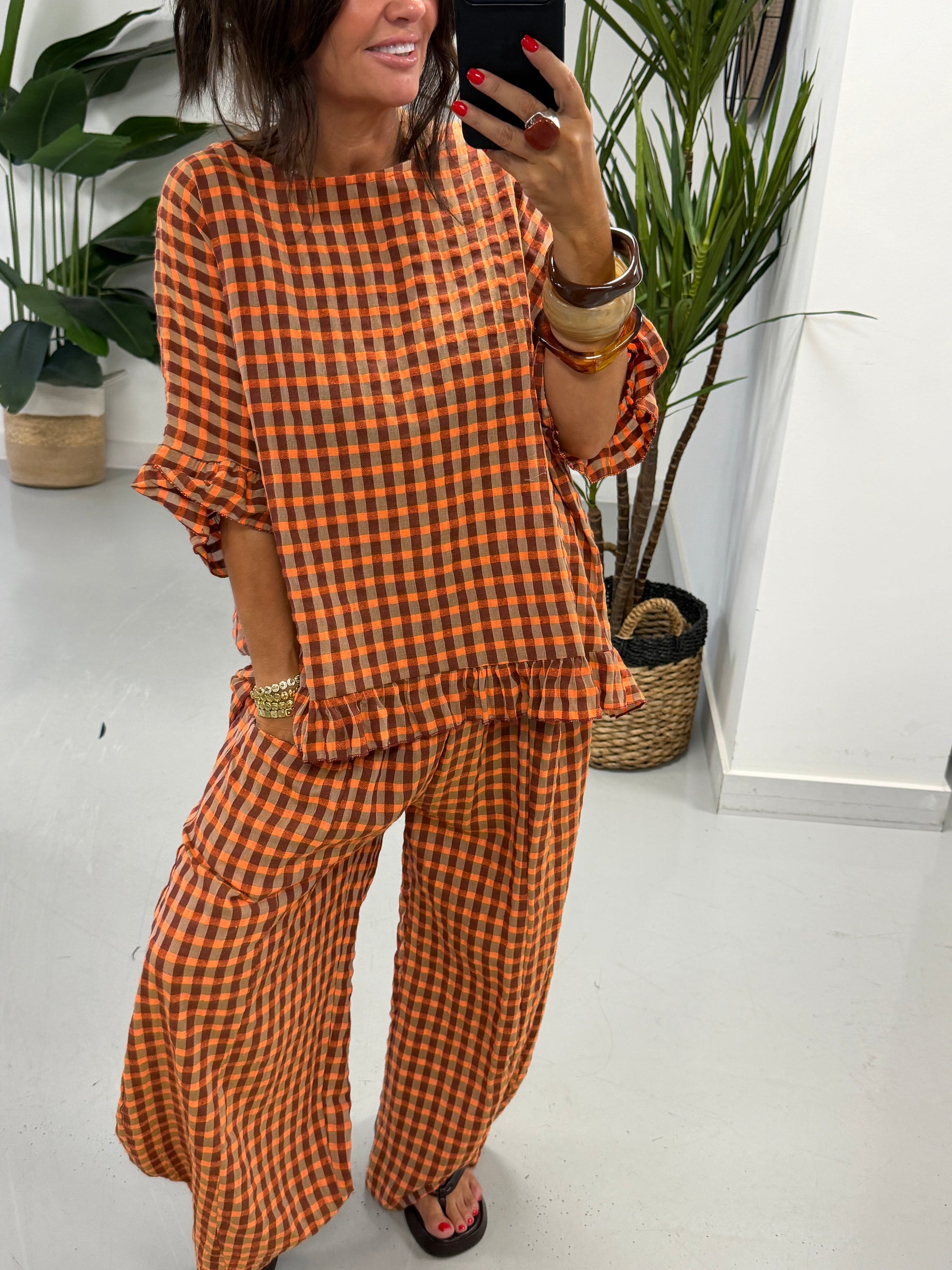 The Autumn Check Ruffle Tunic - Orange