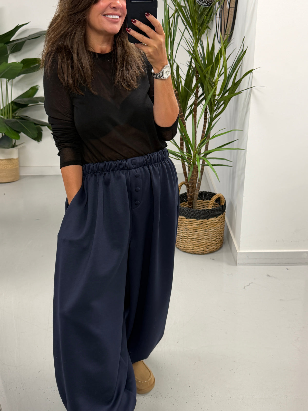 Button Front Balloon Cuff Joggers - Navy (Size 12-20)