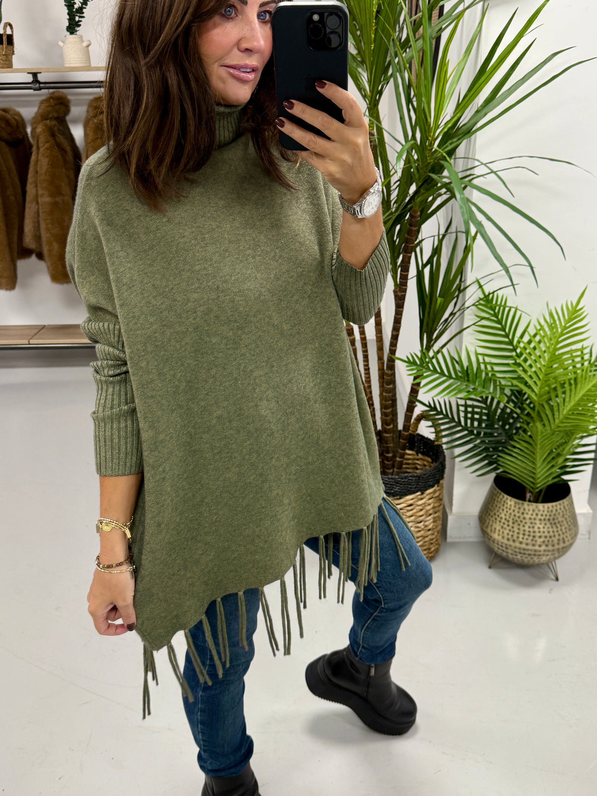 The Roll Neck Fringed Knit - Khaki