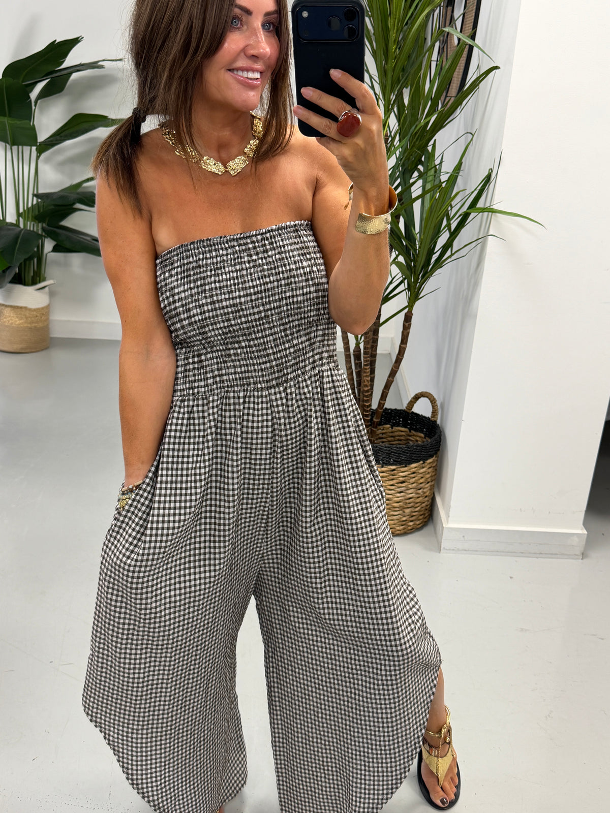 Gingham Genie Bandeau Jumpsuit  -Chocolate