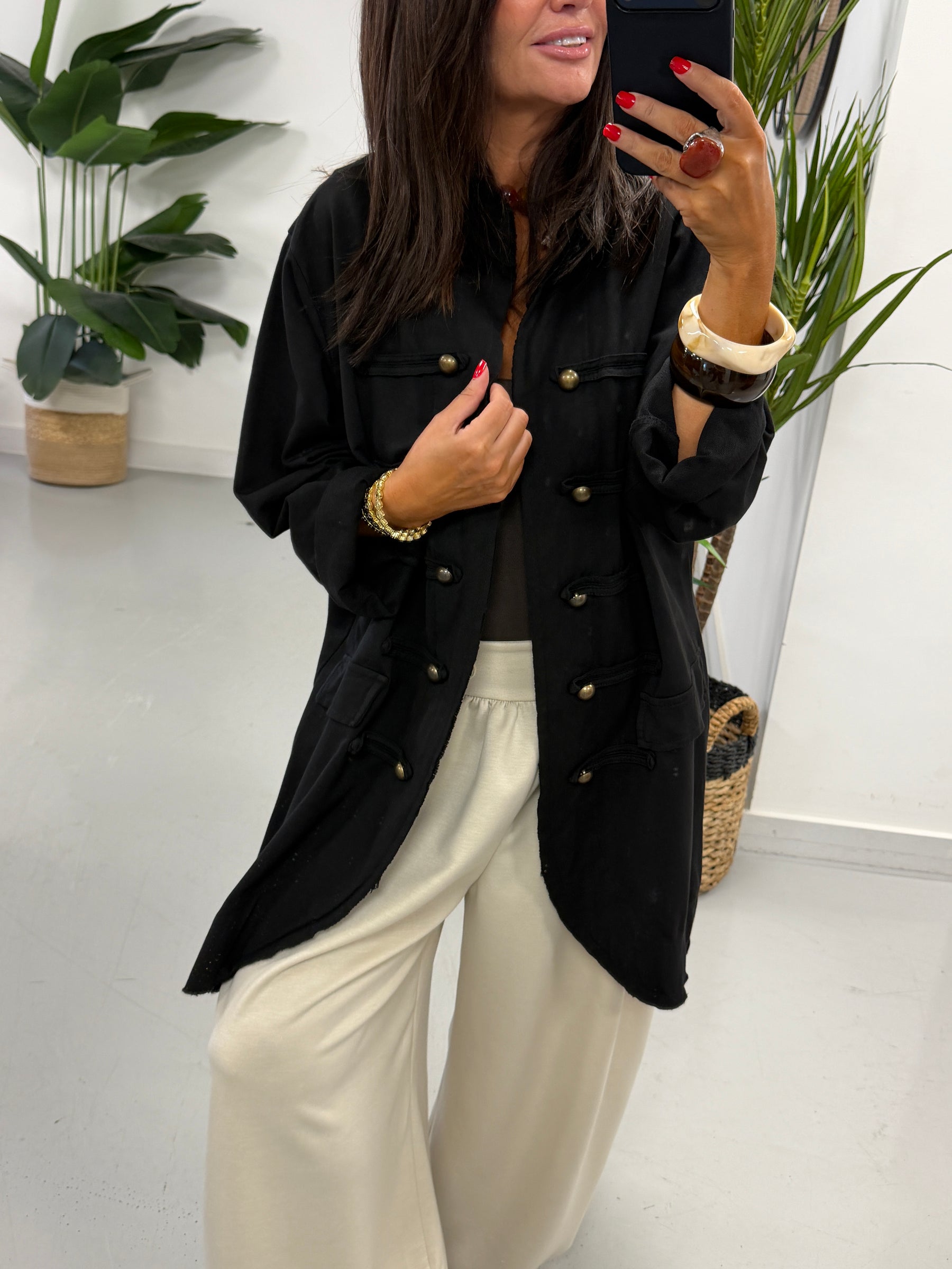 The Long Line Jersey Military Jacket - Black