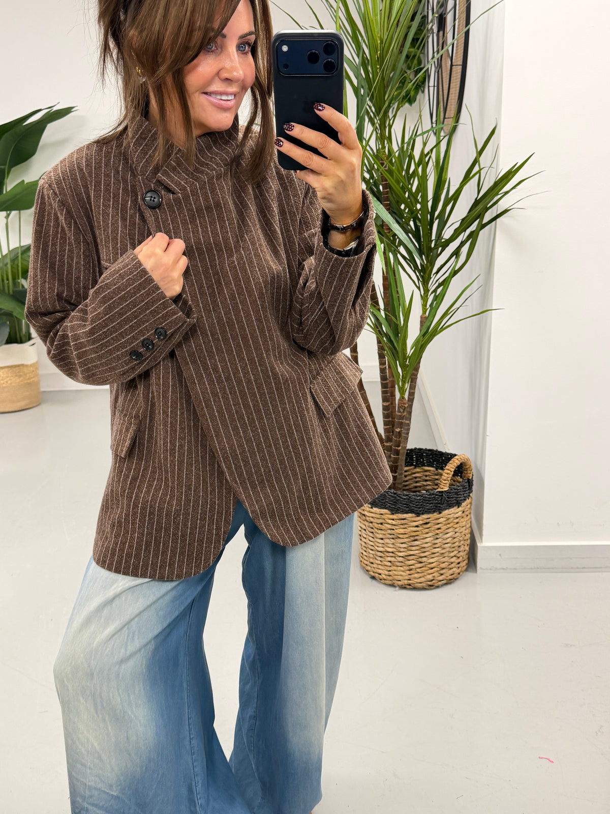 Madison Funnel Neck Blazer - Chocolate Pinstripe