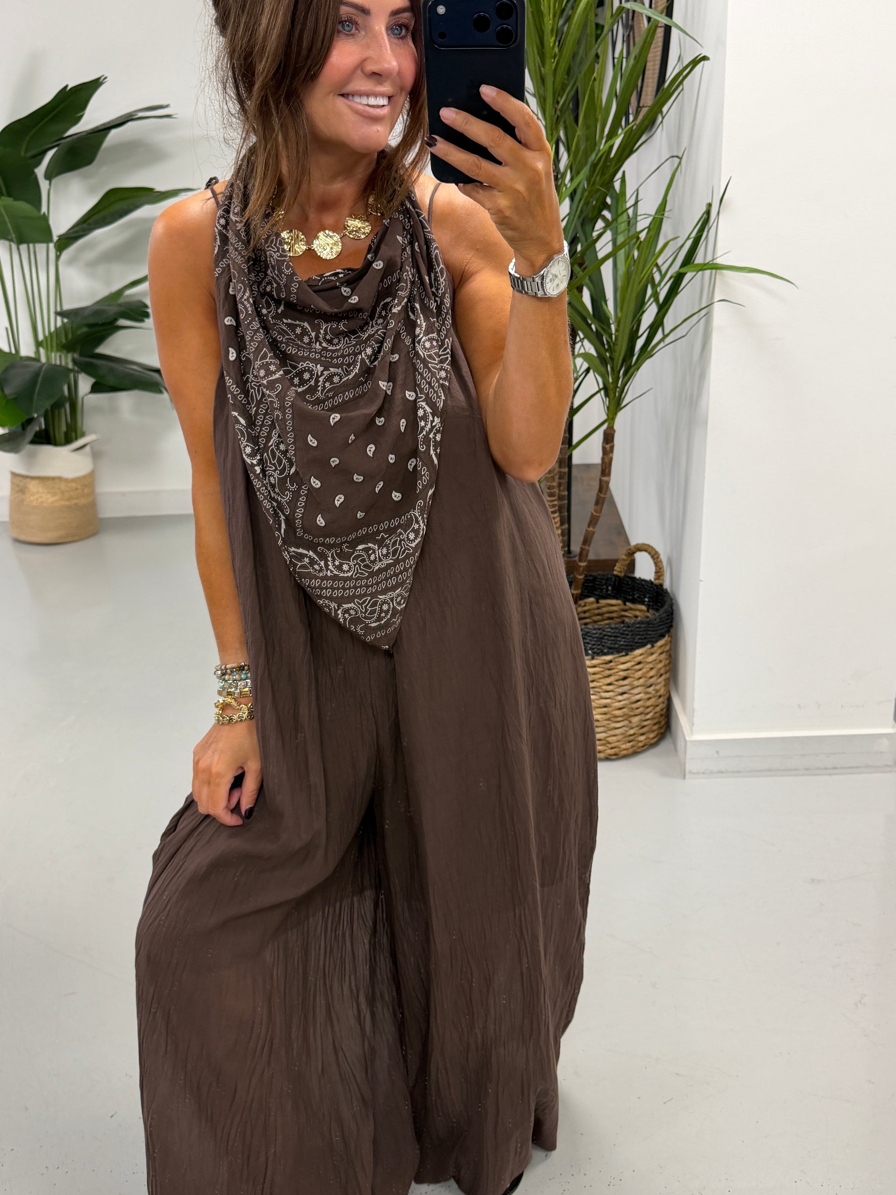 Bandana Scarf Jumpsuit - Chocolate (Due in in next few days)