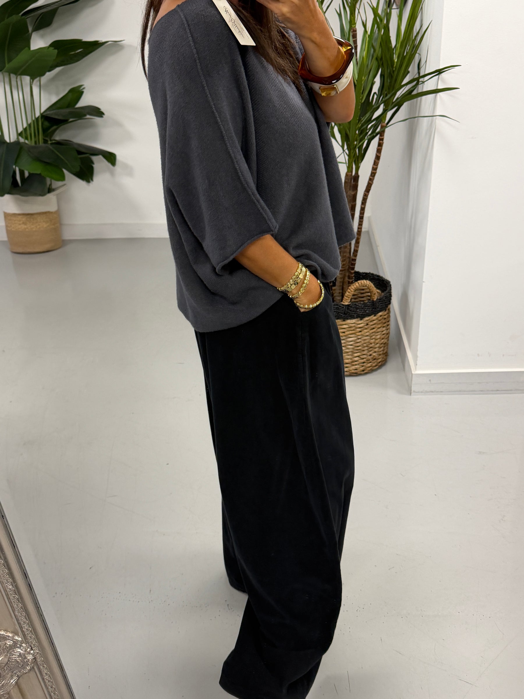 Gracie Crop Sleeve Knit - Grey