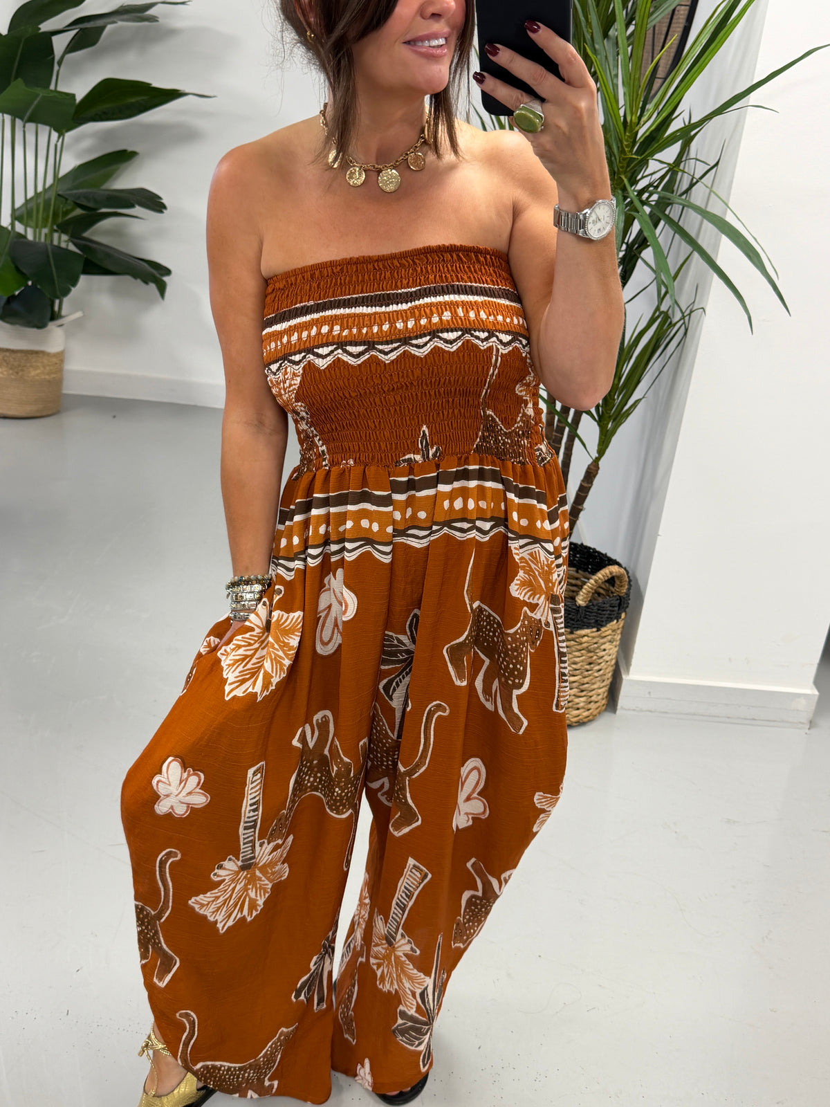 Funky Animal Bandeau Jumpsuit -Rust