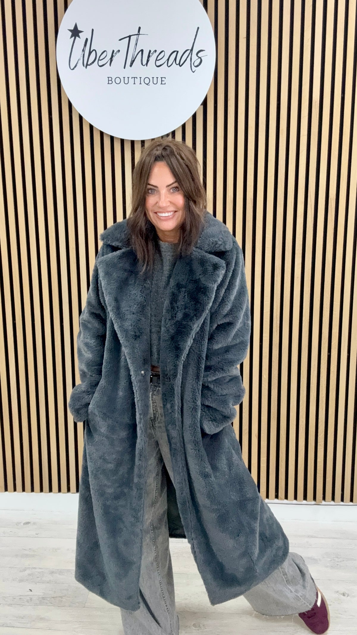 The Safron Longline Faux Fur Coat - Charcoal (Size16/18)