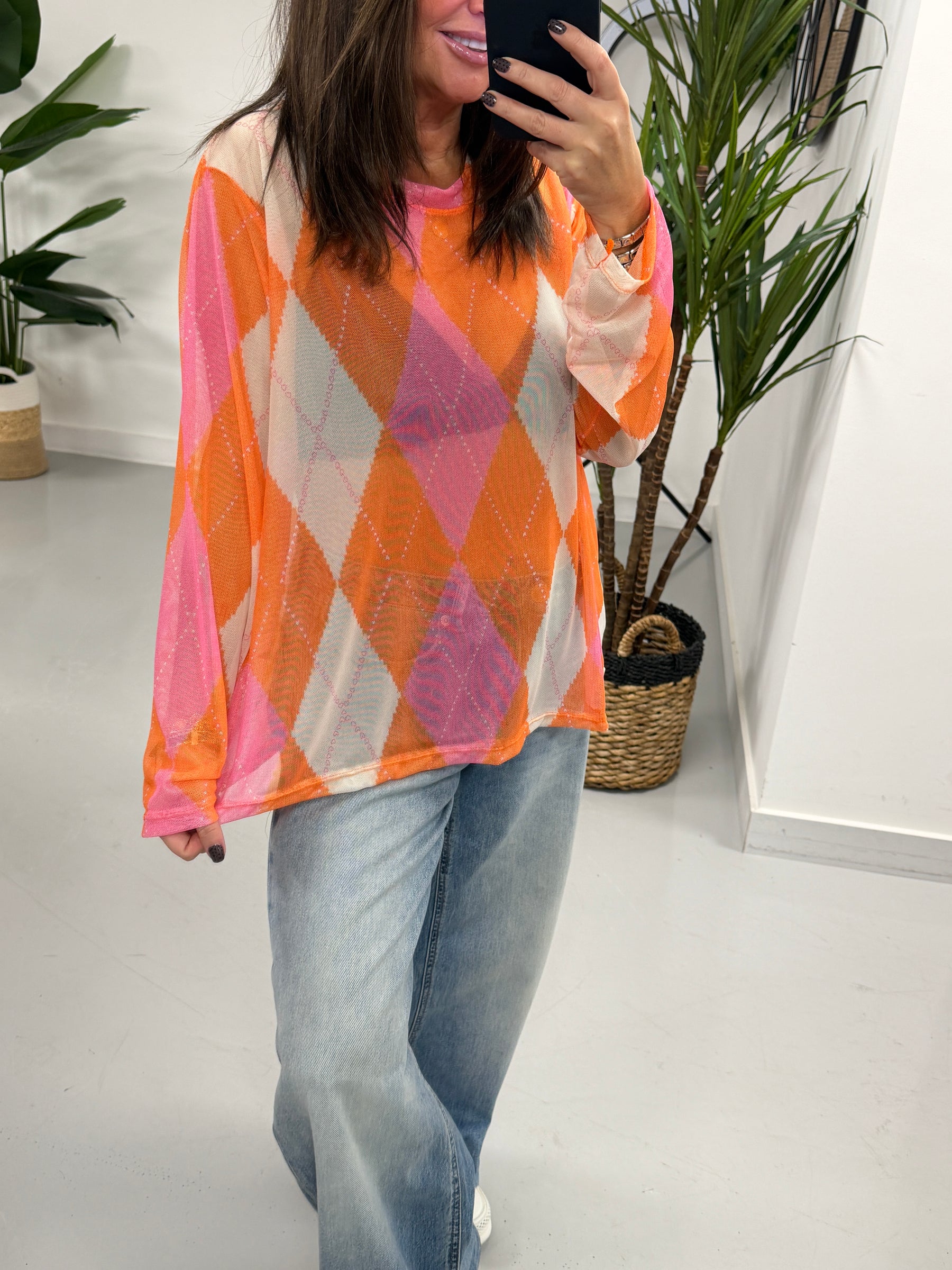 The Tartan Mesh Top - Bright Orange/Pink