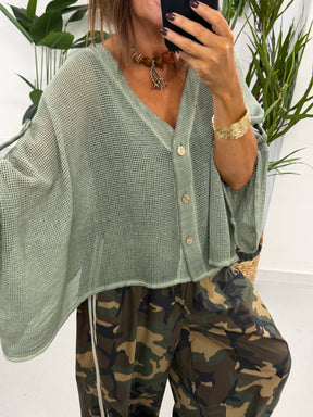 Mesh Button Cardigan - Khaki