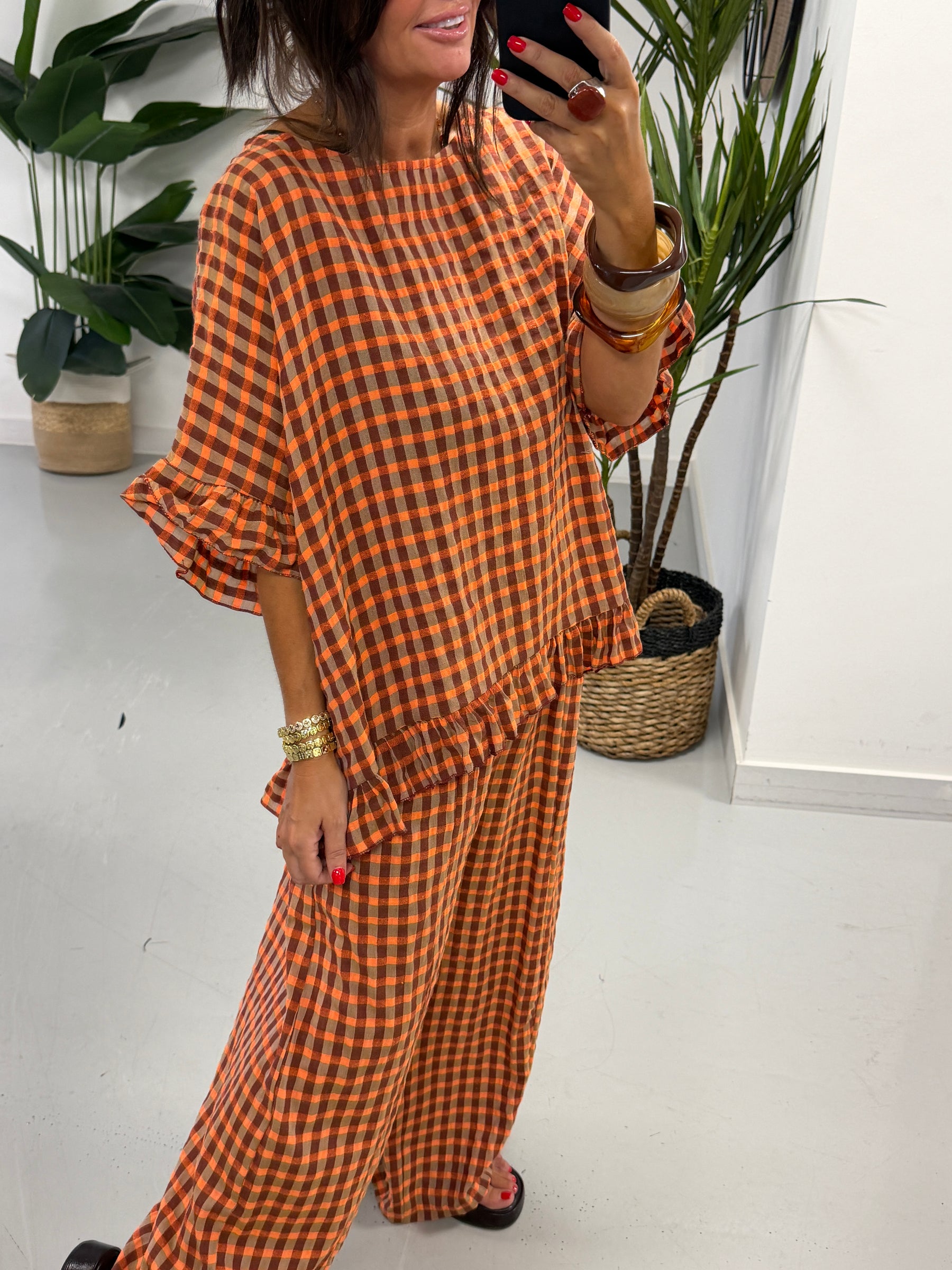 The Autumn Check Ruffle Tunic - Orange