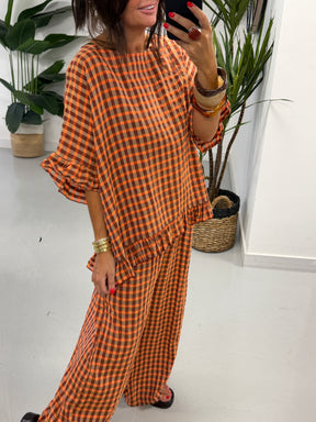 The Autumn Check Ruffle Tunic - Orange