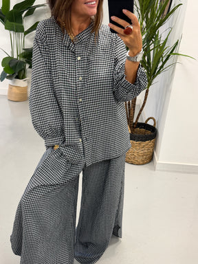 The Gingham Split Wide Leg Trousers - Black