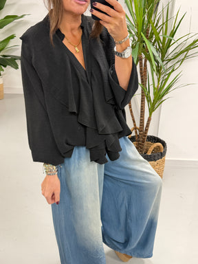 Luna Button Frill Blouse - Black