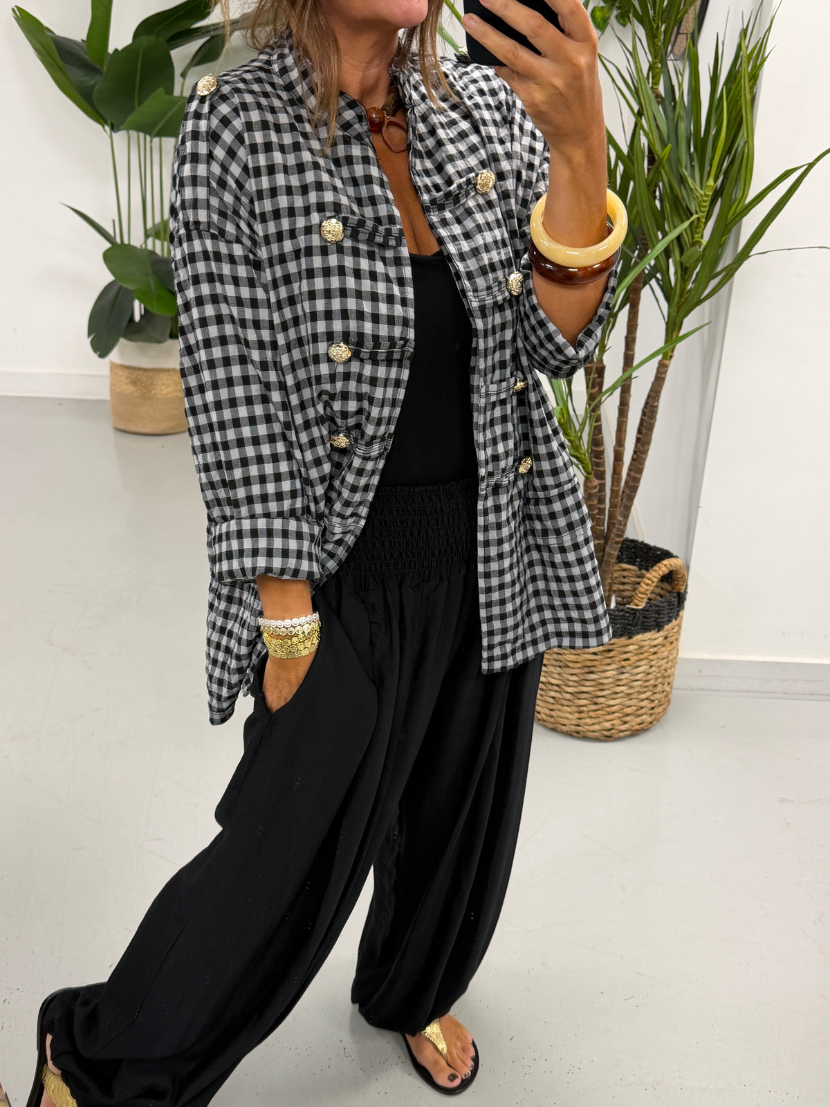 Gingham Military Jacket - Black
