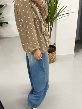 Dotty Waterfall Blouse - Mocha