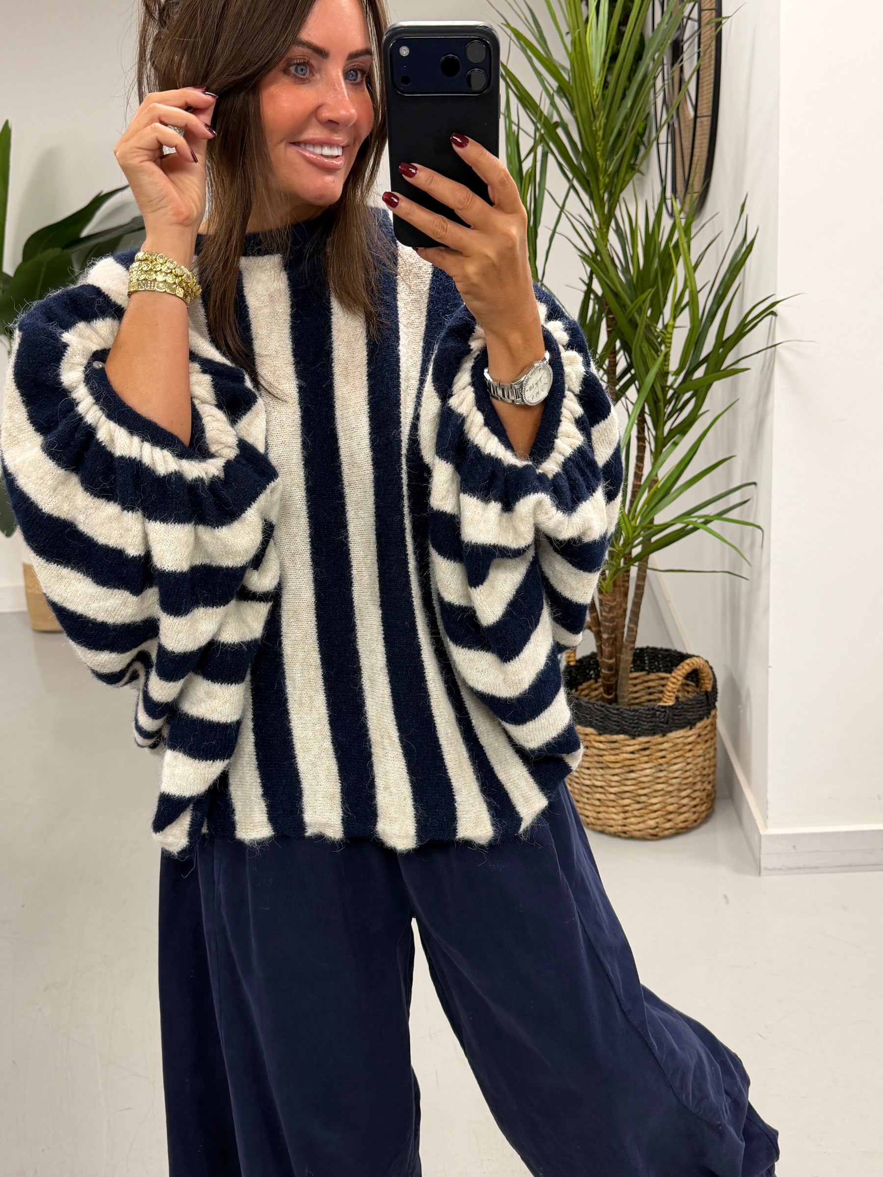 Zeta Otto Stripe Chunky Sleeve Knit - Navy (Size 10-18)