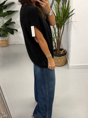 Button Up Slouchy Crop Sleeve Knit - Black